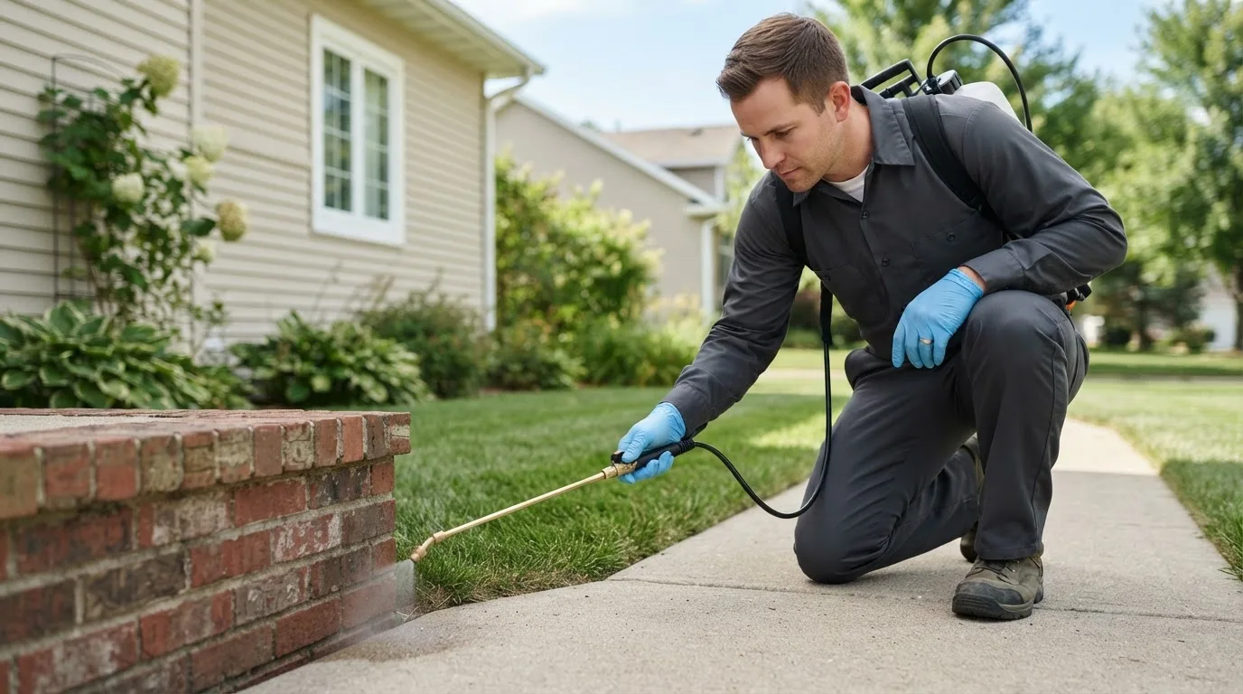 Pest control technician treating a home near Akron, NY