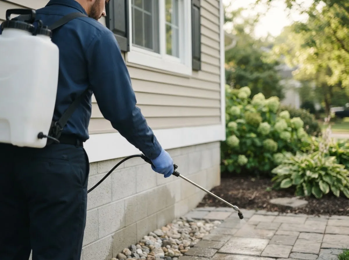Pest control technician inspecting a home in Akron, NY